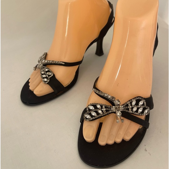 Impo black satin pumps size 7.5 dragonfly crystals need glue. see last photo - Picture 1 of 12